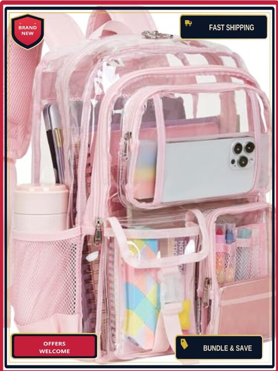 Handbags - Clear PVC Backpack with 9 Pockets, Water Resistant, for School & Travel